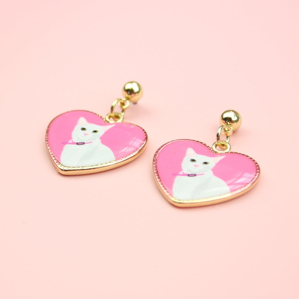 White Cat Heart Stud Earrings