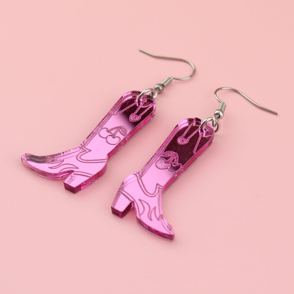 Working 9-5 Pink Cowgirl Boot Earrings