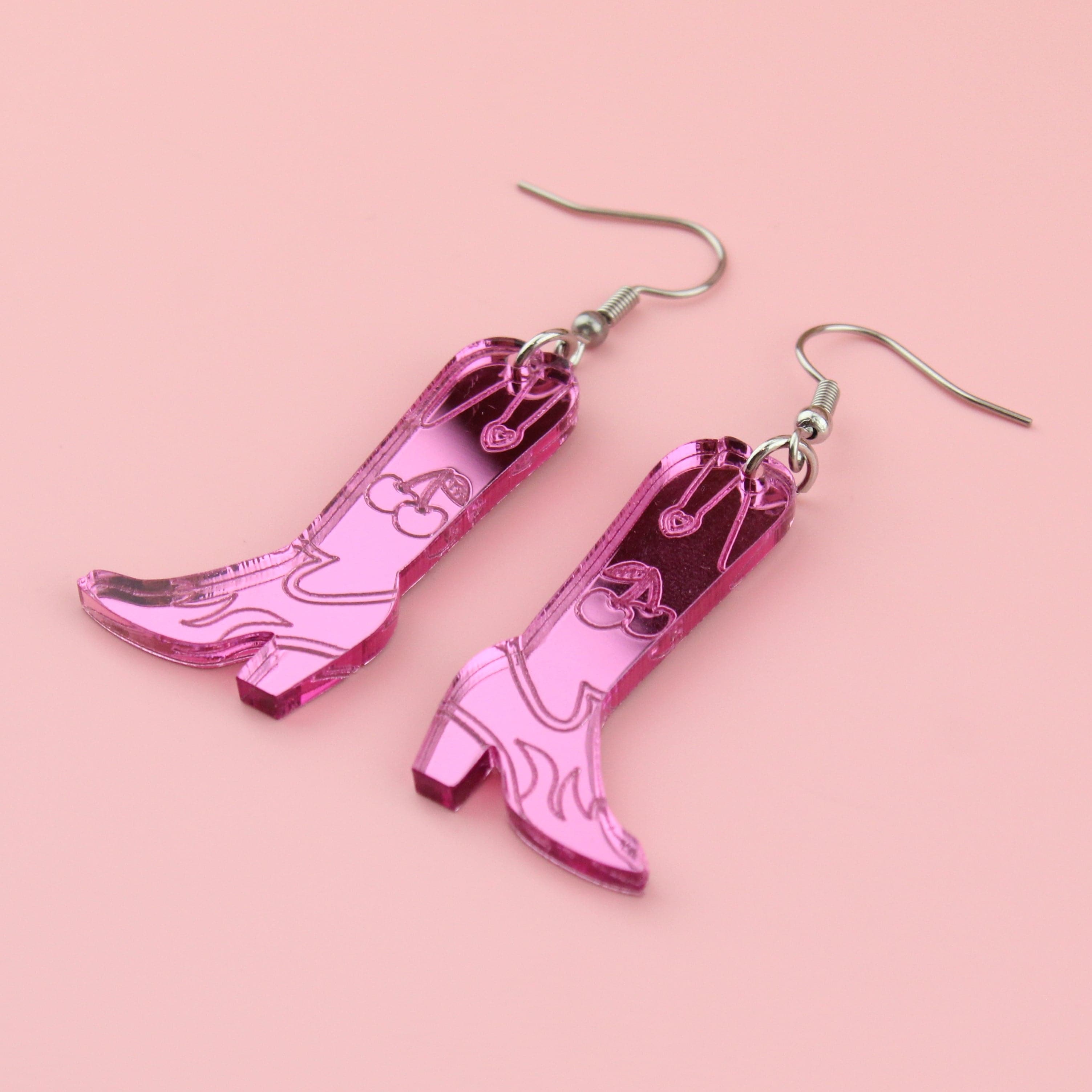 Working 9-5 Pink Cowgirl Boot Earrings