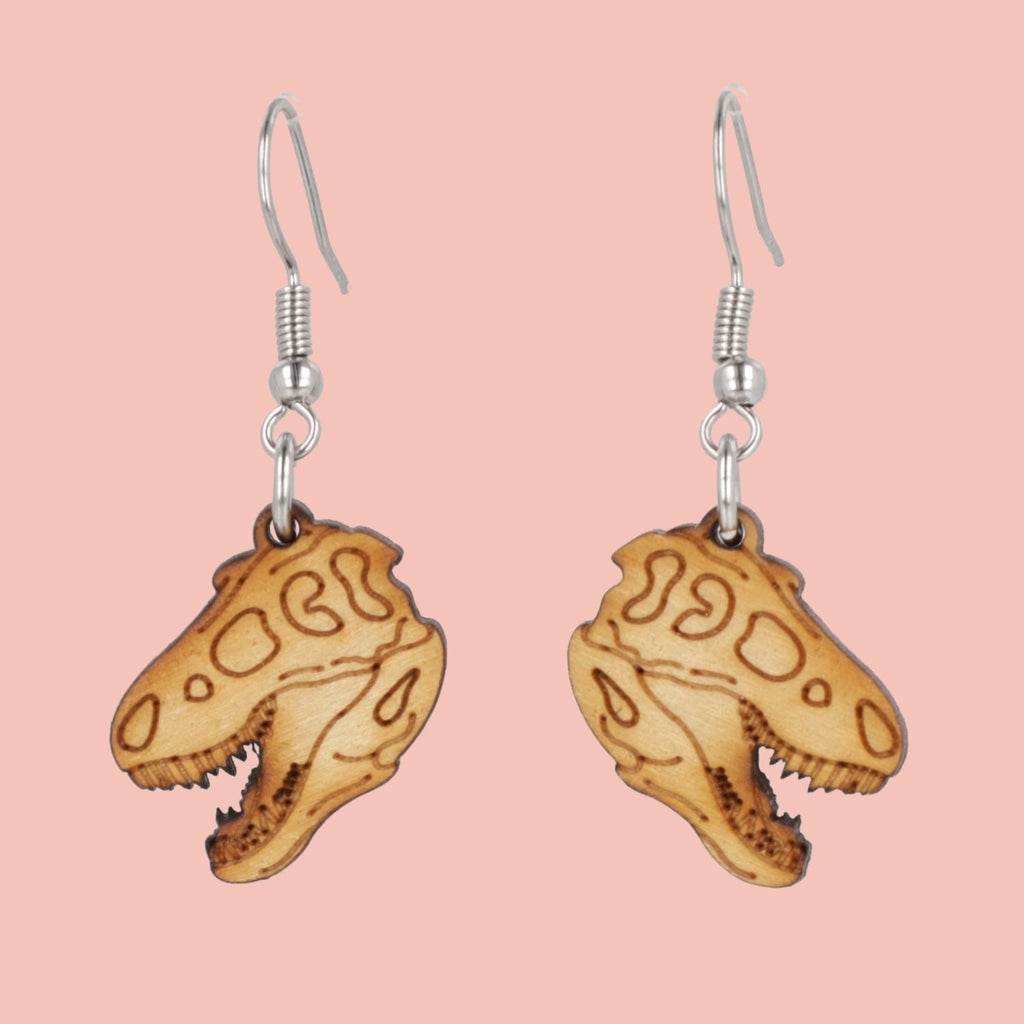 Wooden T-Rex Skull Earrings